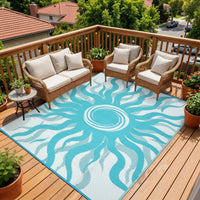 Garvee Outdoor Rug 9x12 Waterproof Patio Rug with Boho Sun Pattern, Reversible, Plastic Straw, UV-Resistant, Lightweight, Portable for Deck & Camping