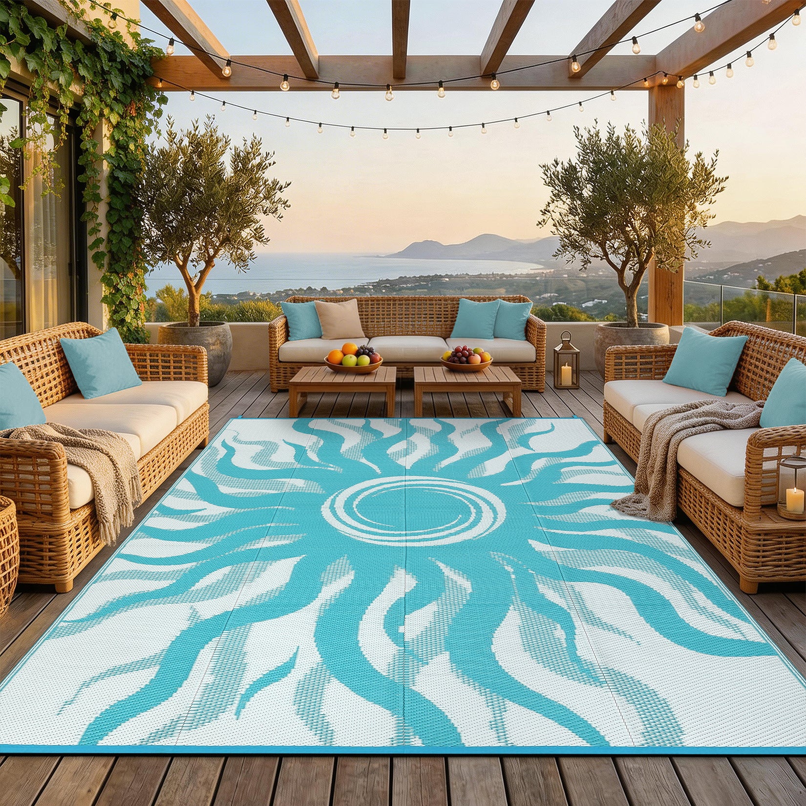 Garvee Outdoor Rug 9x12 Waterproof Patio Rug with Boho Sun Pattern, Reversible, Plastic Straw, UV-Resistant, Lightweight, Portable for Deck & Camping