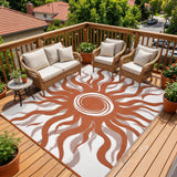 Garvee Outdoor Rug 8x10 Waterproof Patio Rug with Boho Sun Pattern, Reversible Plastic Straw, UV-Resistant, Lightweight, Foldable for Camping and Backyard - Terracotta
