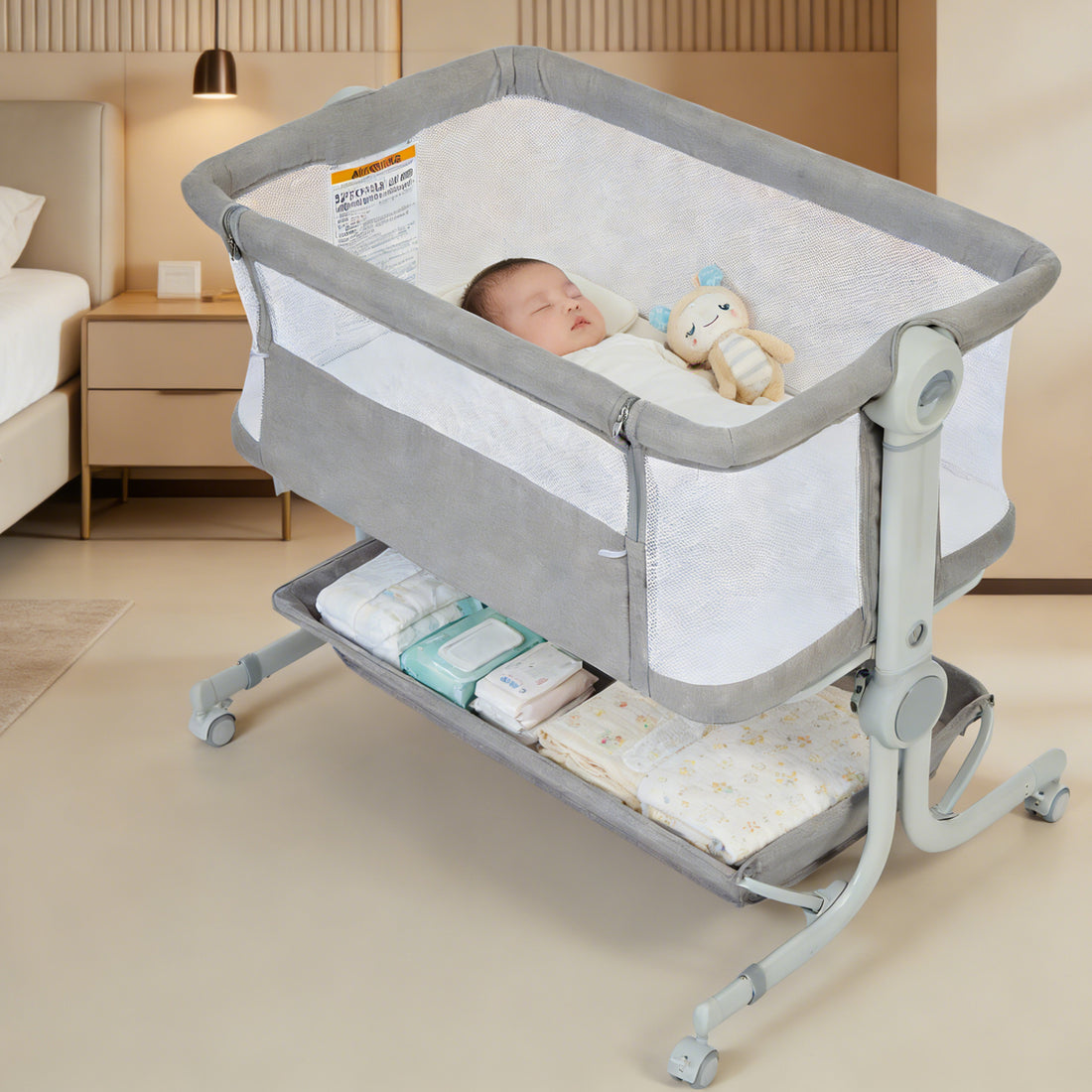 Garvee 3-in-1 Portable Baby Bassinet Bedside Sleeper in 6 Height Adjustable Design with Breathable Mesh and Storage Basket, Light Grey