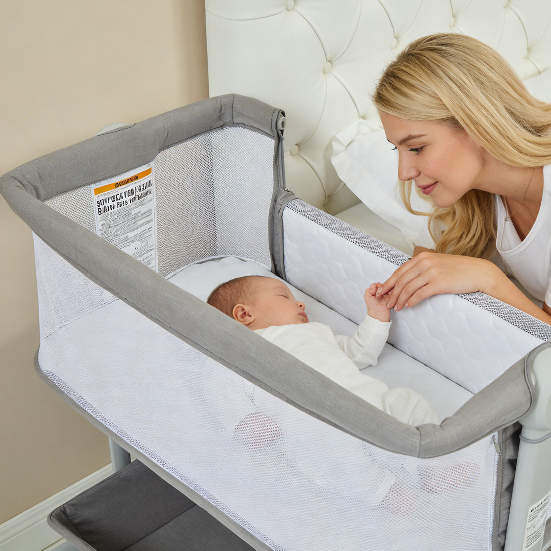 Garvee 3-in-1 Portable Baby Bassinet Bedside Sleeper in 6 Height Adjustable Design with Breathable Mesh and Storage Basket, Light Grey
