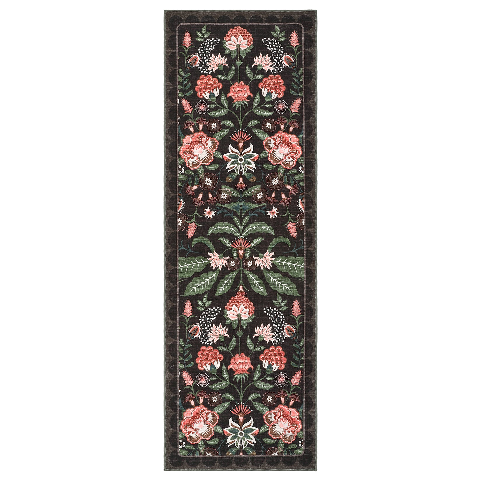 Garvee Vintage Floral Runner Rug 2x6 Washable Botanical Carpet Non Slip Low Pile Indoor Rug for Hallway Kitchen, Black