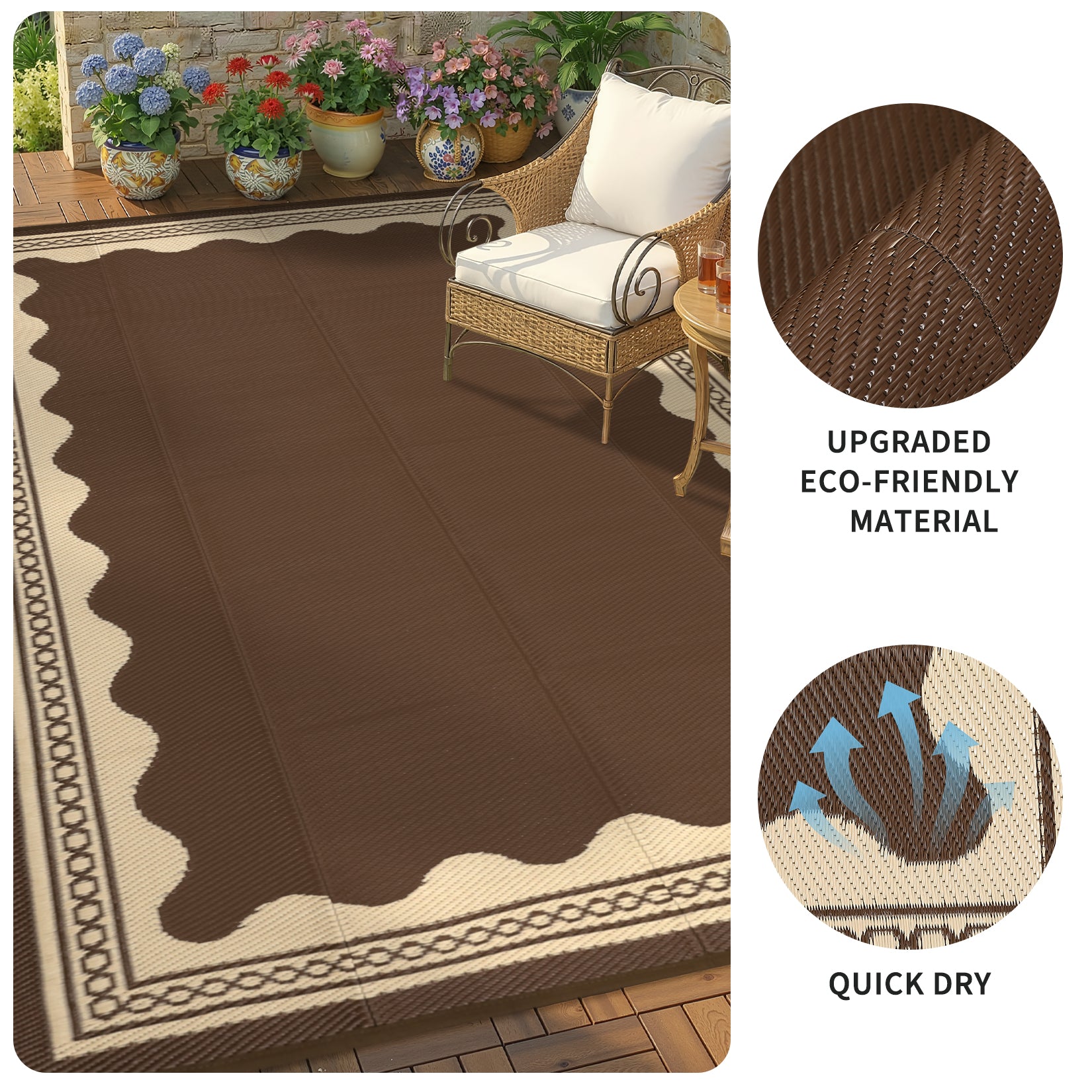 Garvee Outdoor Rug 8x10 Reversible Waterproof Plastic Straw Quick-Dry Stain-Resistant Brown Patio Camping Picnic