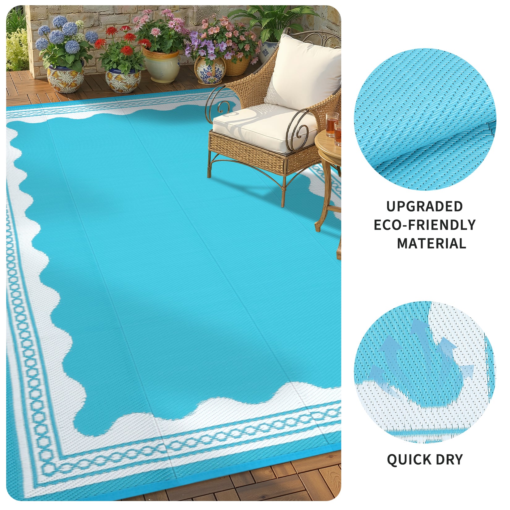 Garvee Outdoor Rug 8x10 Scalloped Waterproof Reversible Plastic Straw Foldable Lightweight Patio Deck Beach