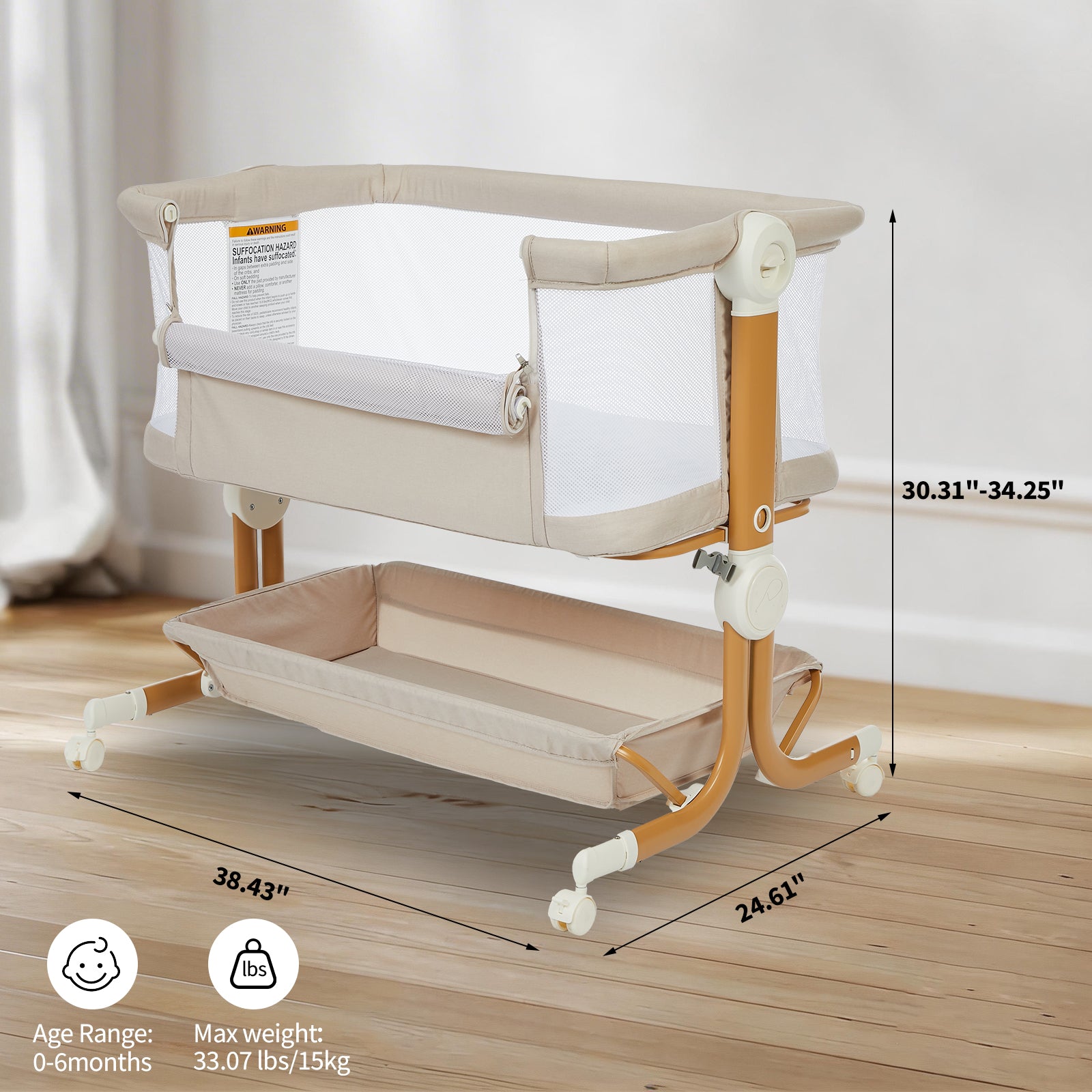 Garvee 3-in-1 Portable Baby Bassinet Bedside Sleeper in 6 Height Adjustable Design with Breathable Mesh and Storage Basket, Khaki