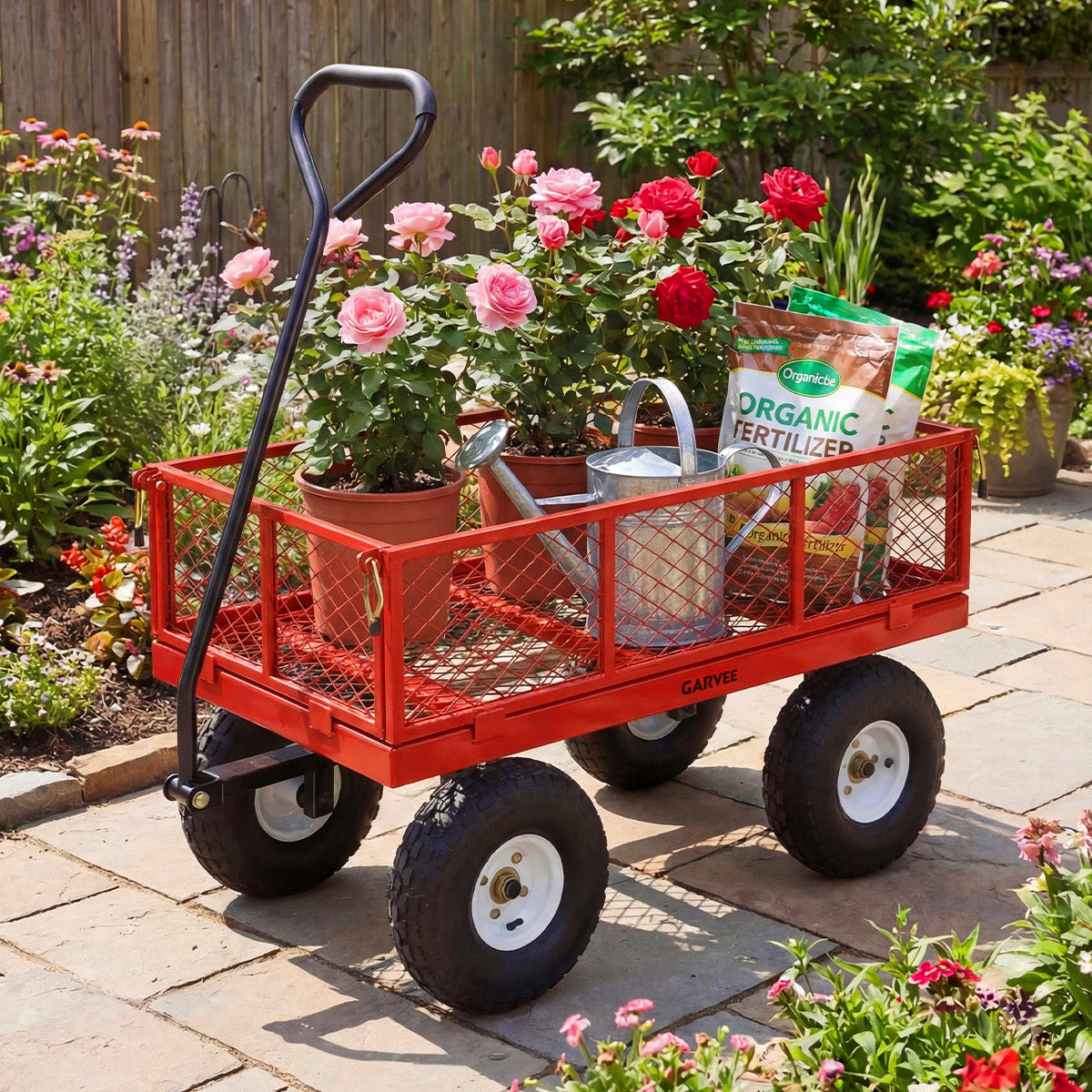 Garvee 400 lb Garden Cart Wagon, Heavy Duty Utility Yard Cart with 10" Pneumatic Tires, Removable Mesh Sides, Easy Maneuver, Red