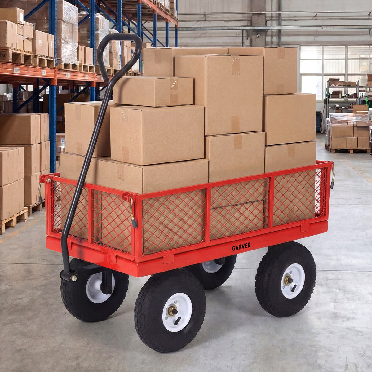 Garvee 400 lb Garden Cart Wagon, Heavy Duty Utility Yard Cart with 10" Pneumatic Tires, Removable Mesh Sides, Easy Maneuver, Red