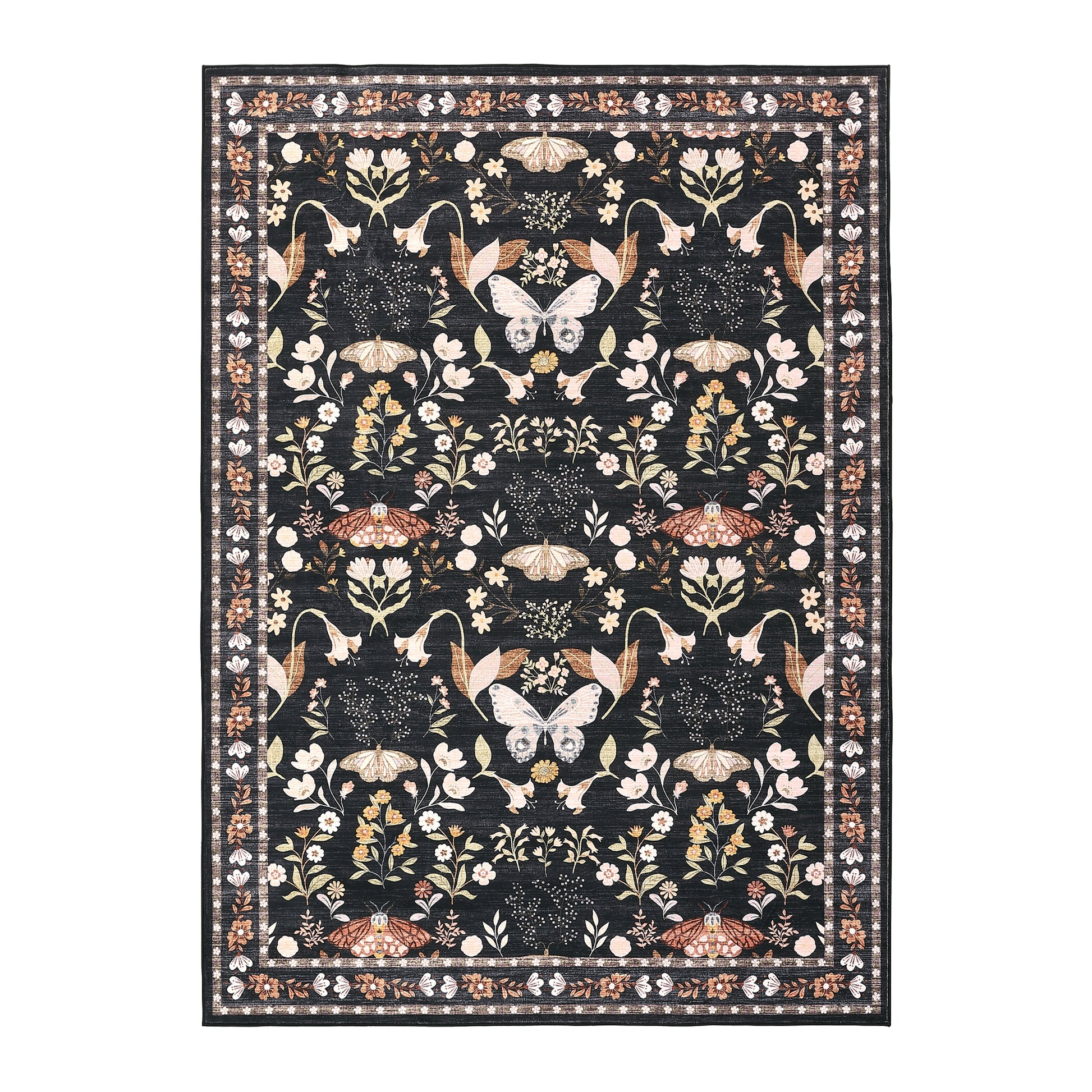 Garvee 5x7 Washable Area Rug, Non-Slip Low Pile Rug with Butterfly Floral, Stain Resistance Carpet for Living Room, Bedroom, Dining Room, Black