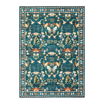 Garvee 9x12 Washable Area Rug, Non-Slip Low Pile Rug with Butterfly Floral, Stain Resistance Carpet for Living Room, Bedroom, Dining Room, Dark Green