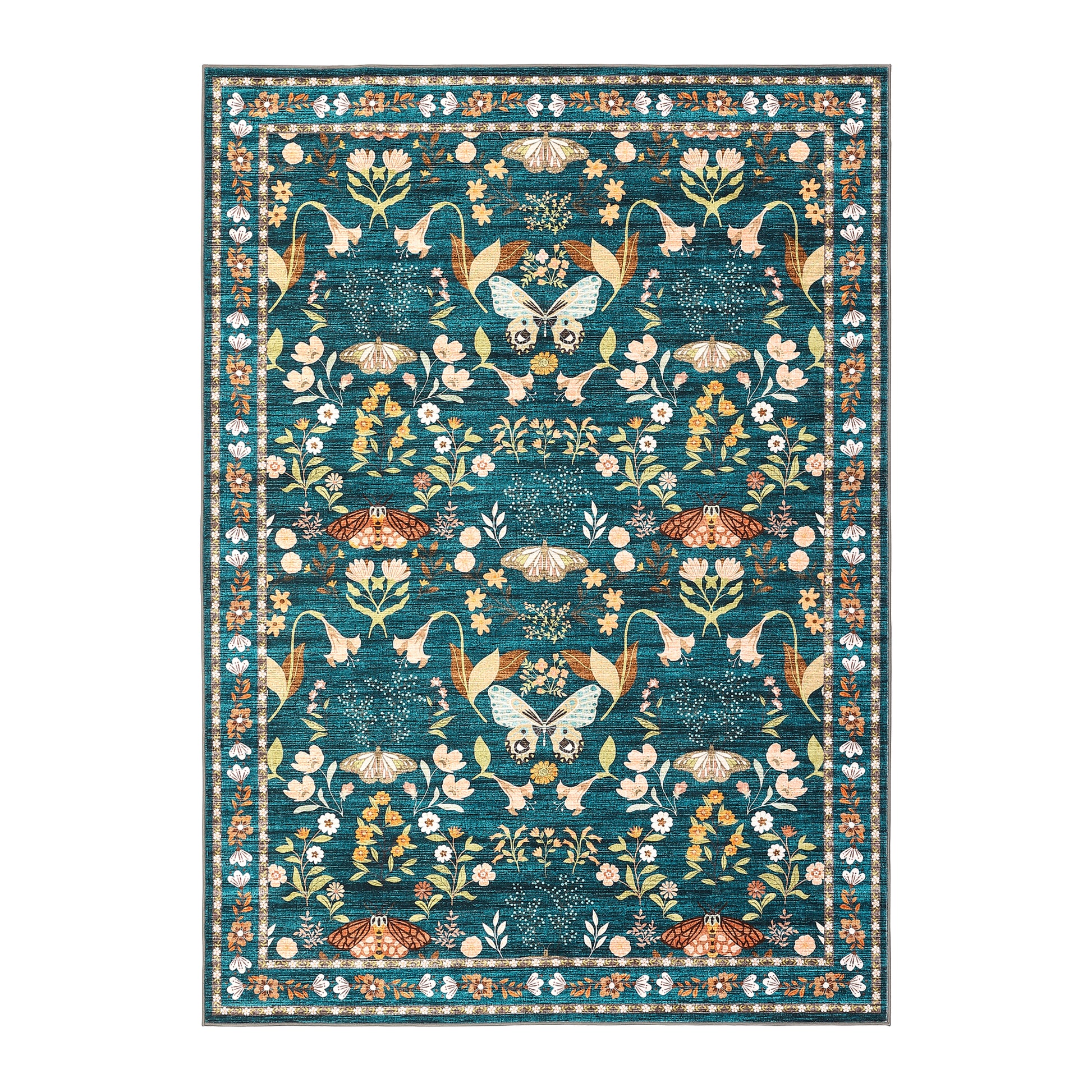 Garvee 5x7 Washable Area Rug, Non-Slip Low Pile Rug with Butterfly Floral, Stain Resistance Carpet for Living Room, Bedroom, Dining Room, Dark Green