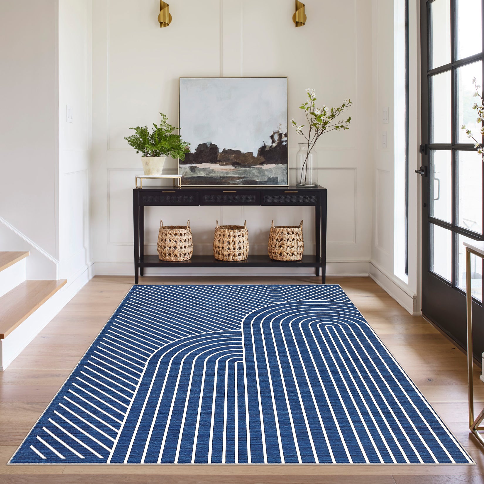 Garvee 5' x 7' Modern Geometric Area Rug, Washable Non-Slip Low-Pile Abstract Line Rug for Living Room & Bedroom, Blue