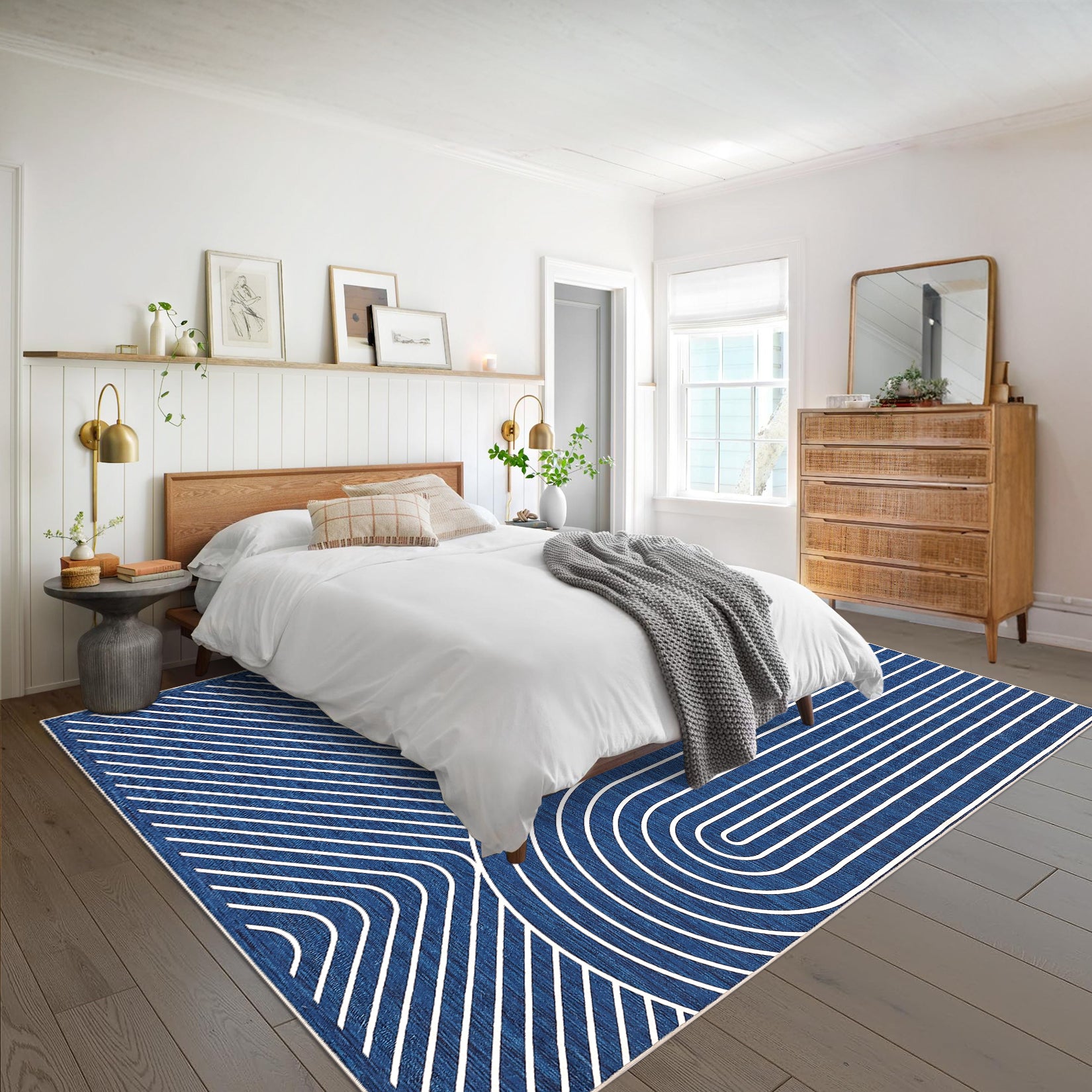 Garvee 5' x 7' Modern Geometric Area Rug, Washable Non-Slip Low-Pile Abstract Line Rug for Living Room & Bedroom, Blue