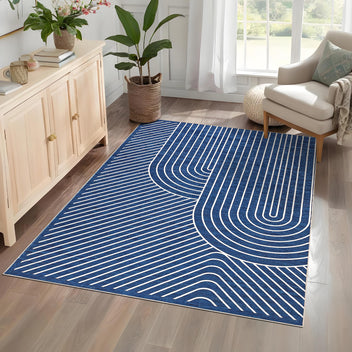 Garvee 5' x 7' Modern Geometric Area Rug, Washable Non-Slip Low-Pile Abstract Line Rug for Living Room & Bedroom, Blue