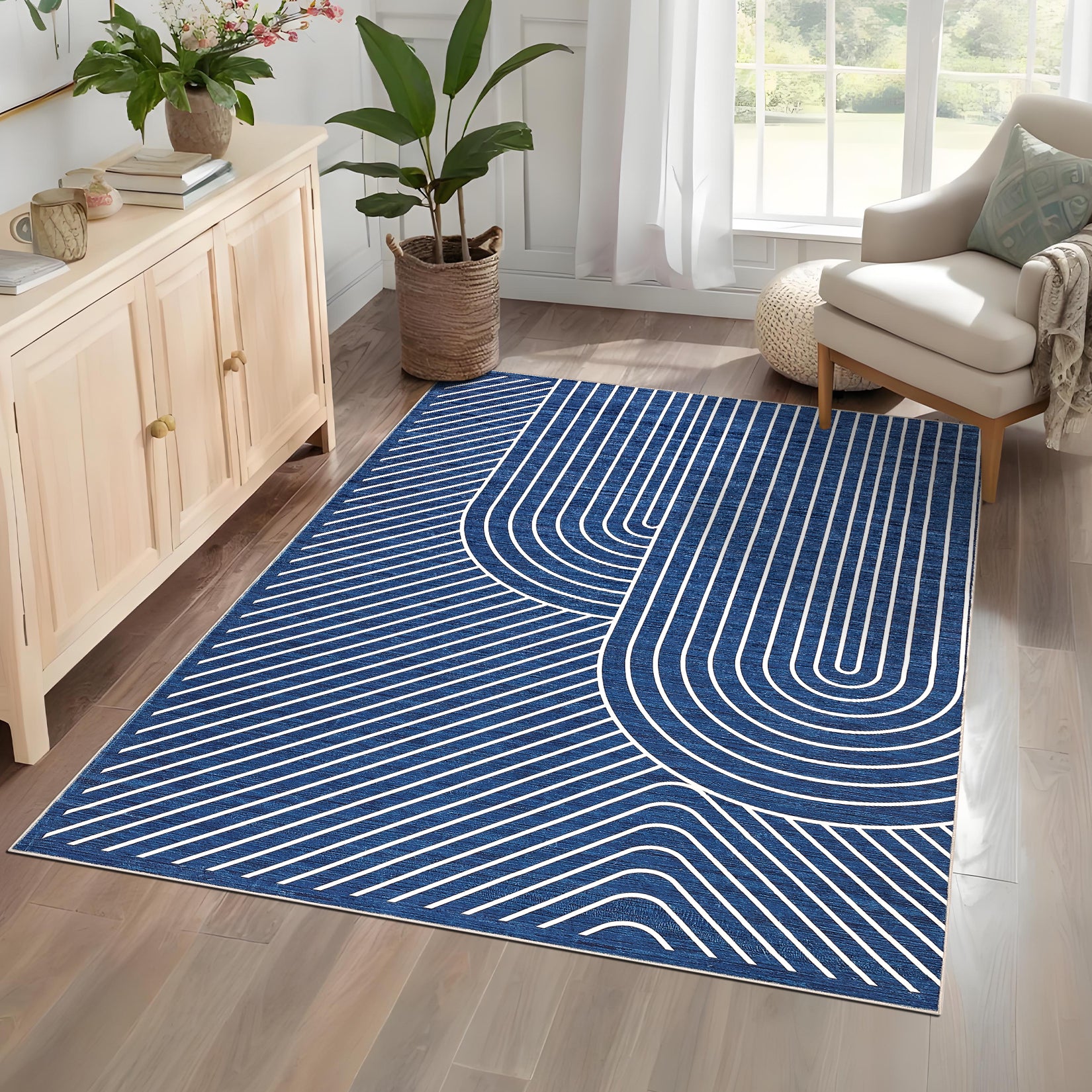 Garvee 5' x 7' Modern Geometric Area Rug, Washable Non-Slip Low-Pile Abstract Line Rug for Living Room & Bedroom, Blue