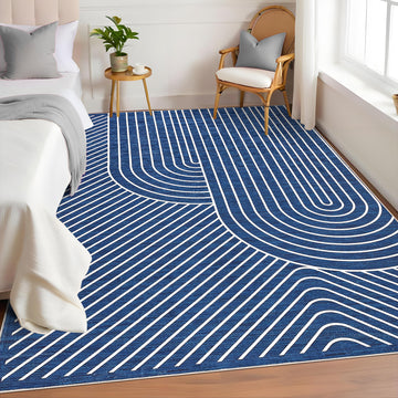 Garvee 6' x 9' Modern Geometric Area Rug, Washable Non-Slip Low-Pile Abstract Line Rug for Living Room, Bedroom & Dining Room, Blue