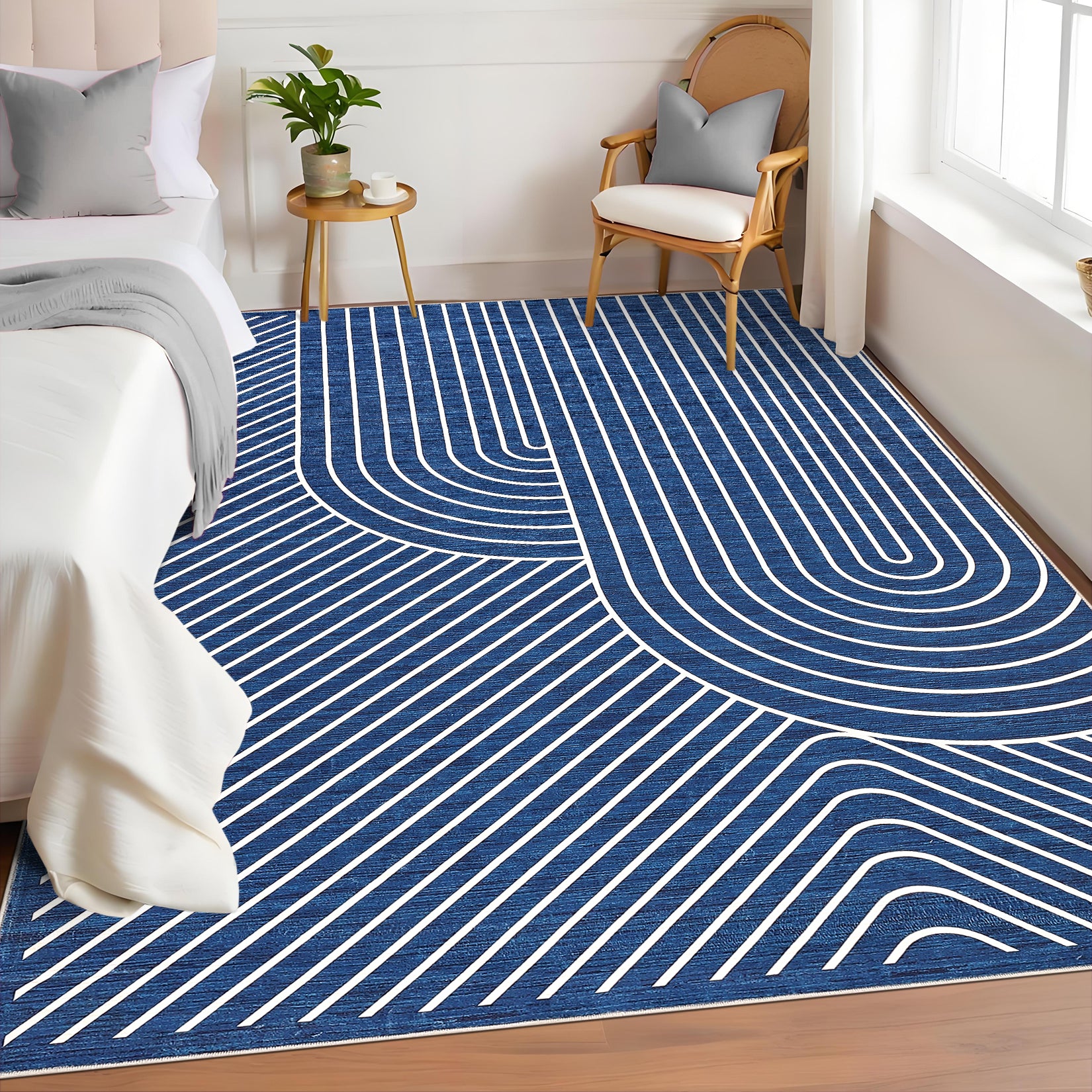 Garvee 5' x 7' Modern Geometric Area Rug, Washable Non-Slip Low-Pile Abstract Line Rug for Living Room & Bedroom, Blue