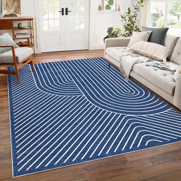 Garvee 9' x 12' Large Modern Geometric Area Rug, Washable Non-Slip Low-Pile Abstract Line Rug for Living Room & Bedroom, Blue
