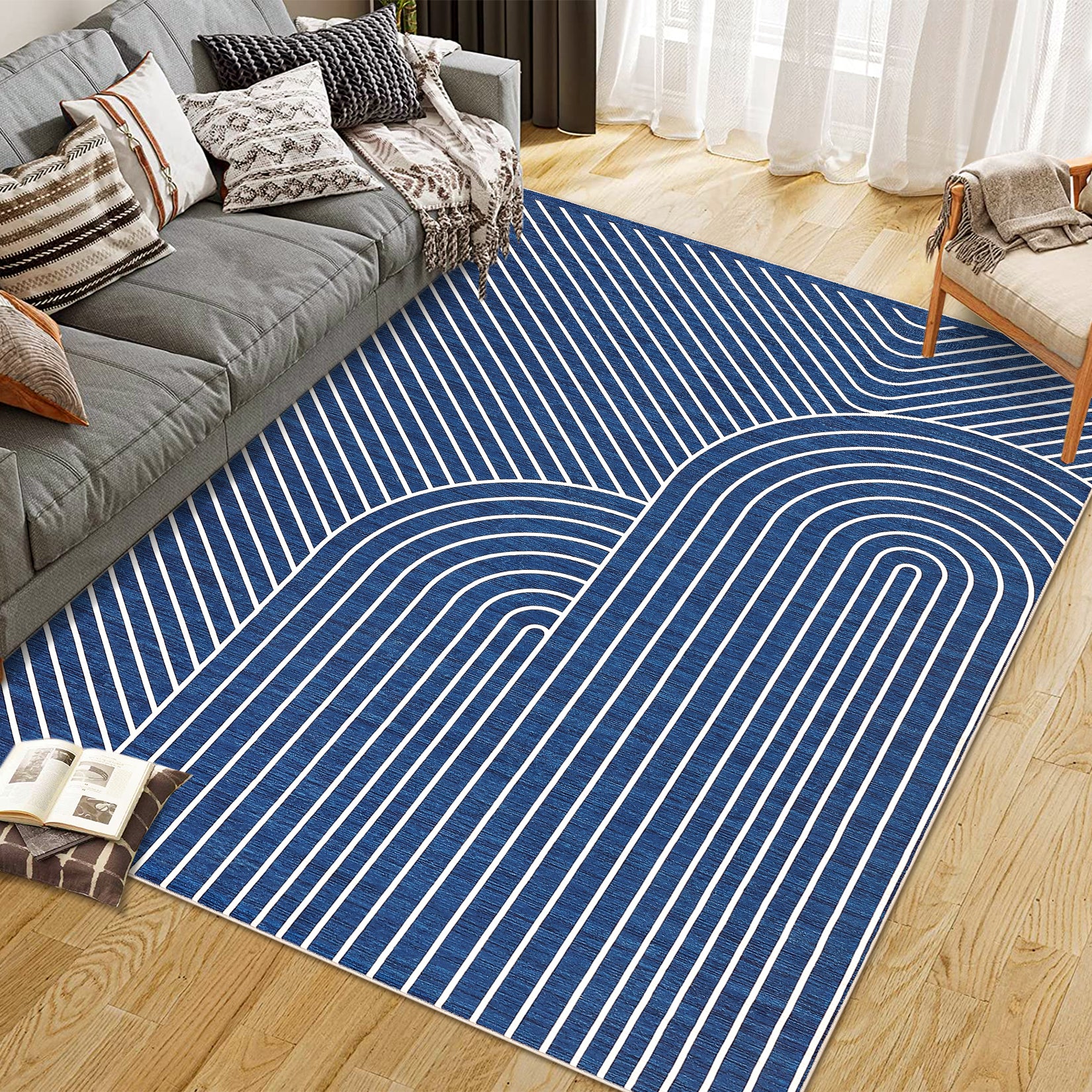 Garvee 5' x 7' Modern Geometric Area Rug, Washable Non-Slip Low-Pile Abstract Line Rug for Living Room & Bedroom, Blue