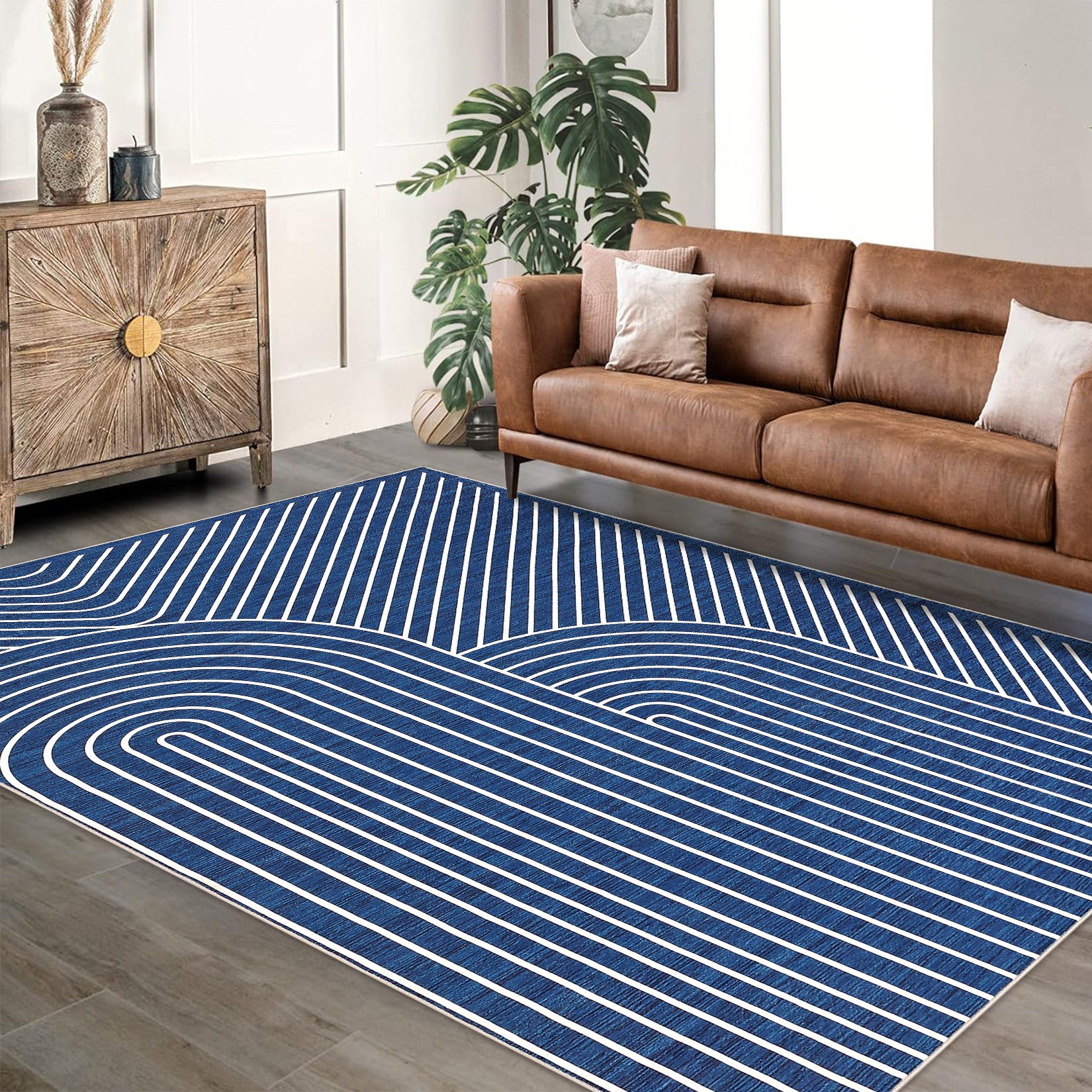 Garvee 5' x 7' Modern Geometric Area Rug, Washable Non-Slip Low-Pile Abstract Line Rug for Living Room & Bedroom, Blue