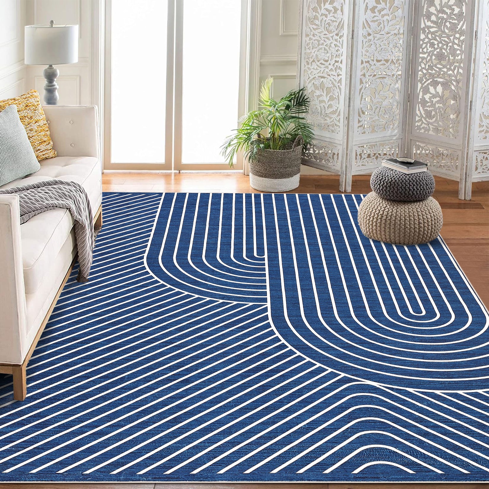 Garvee 5' x 7' Modern Geometric Area Rug, Washable Non-Slip Low-Pile Abstract Line Rug for Living Room & Bedroom, Blue