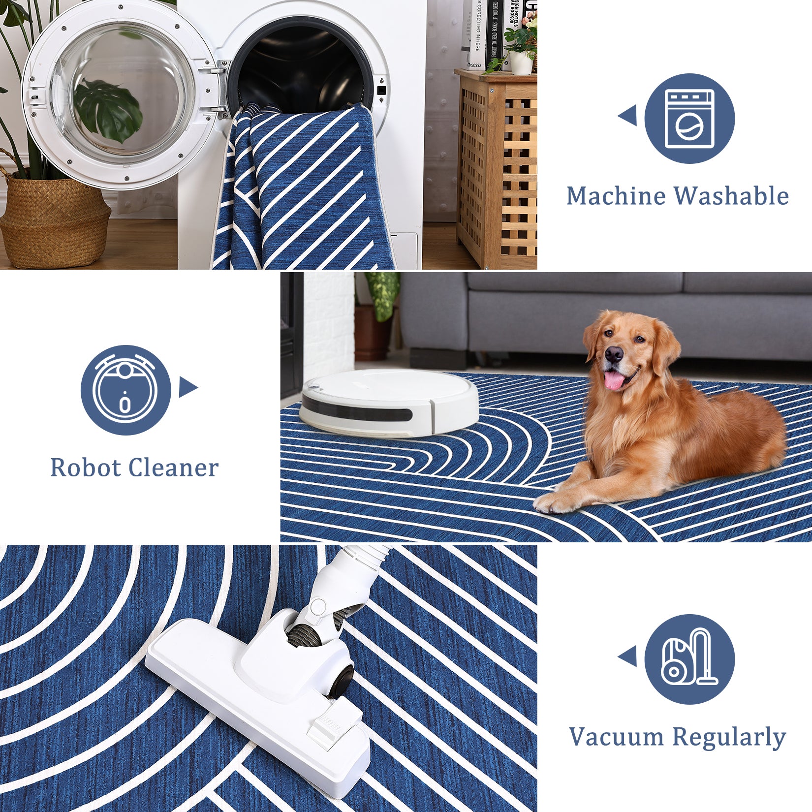 Garvee 5' x 7' Modern Geometric Area Rug, Washable Non-Slip Low-Pile Abstract Line Rug for Living Room & Bedroom, Blue