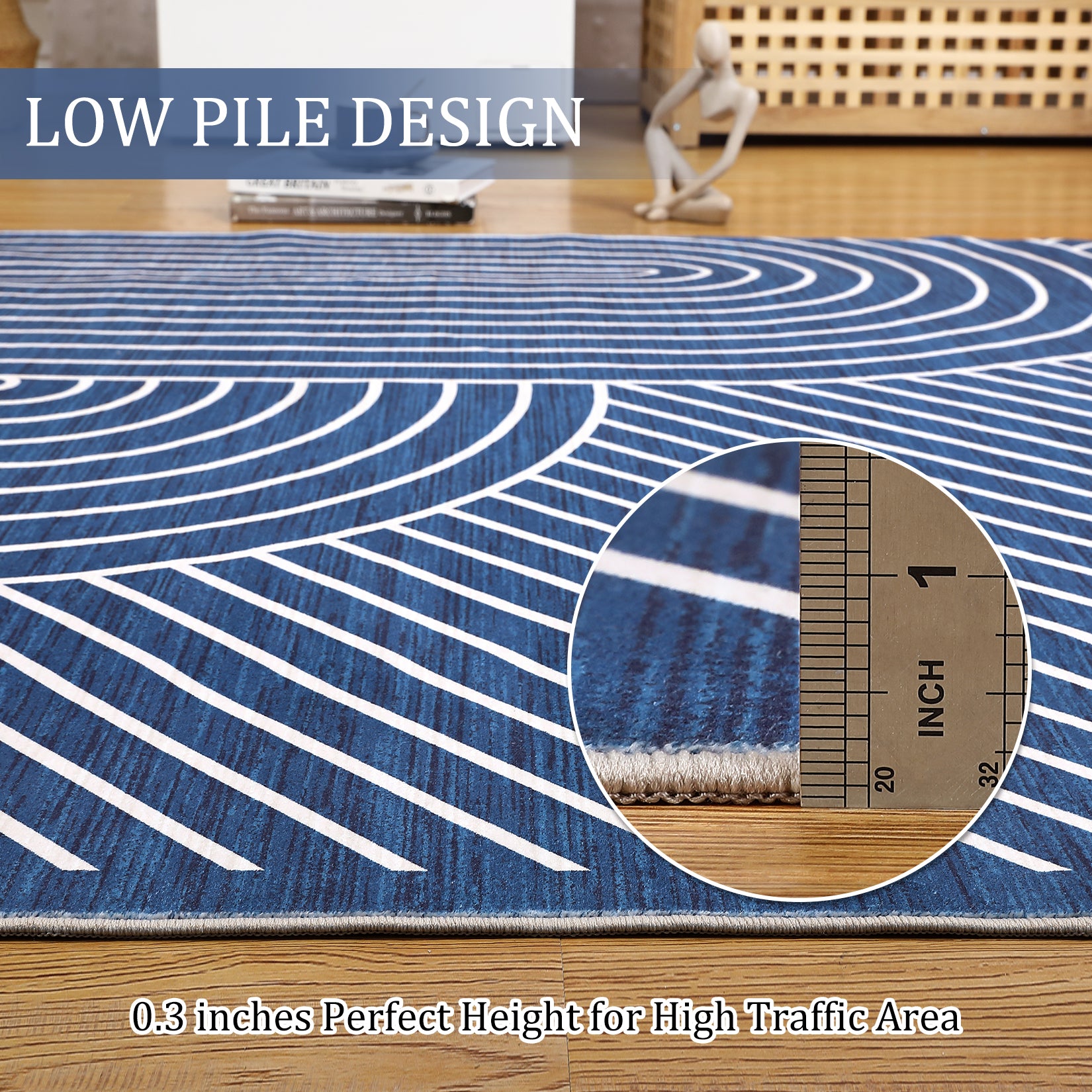 Garvee 5' x 7' Modern Geometric Area Rug, Washable Non-Slip Low-Pile Abstract Line Rug for Living Room & Bedroom, Blue