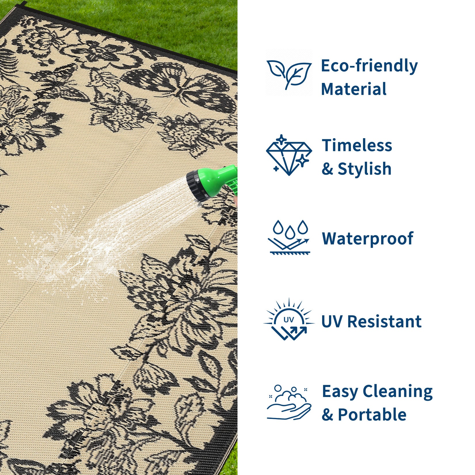 Garvee Waterproof Reversible Outdoor Rug 8x10ft - Large Plastic Straw Mat for Patio, Deck, Porch, RV, Camping, Backyard, Balcony - Easy-Clean, Weather Resistant - Black Coffee