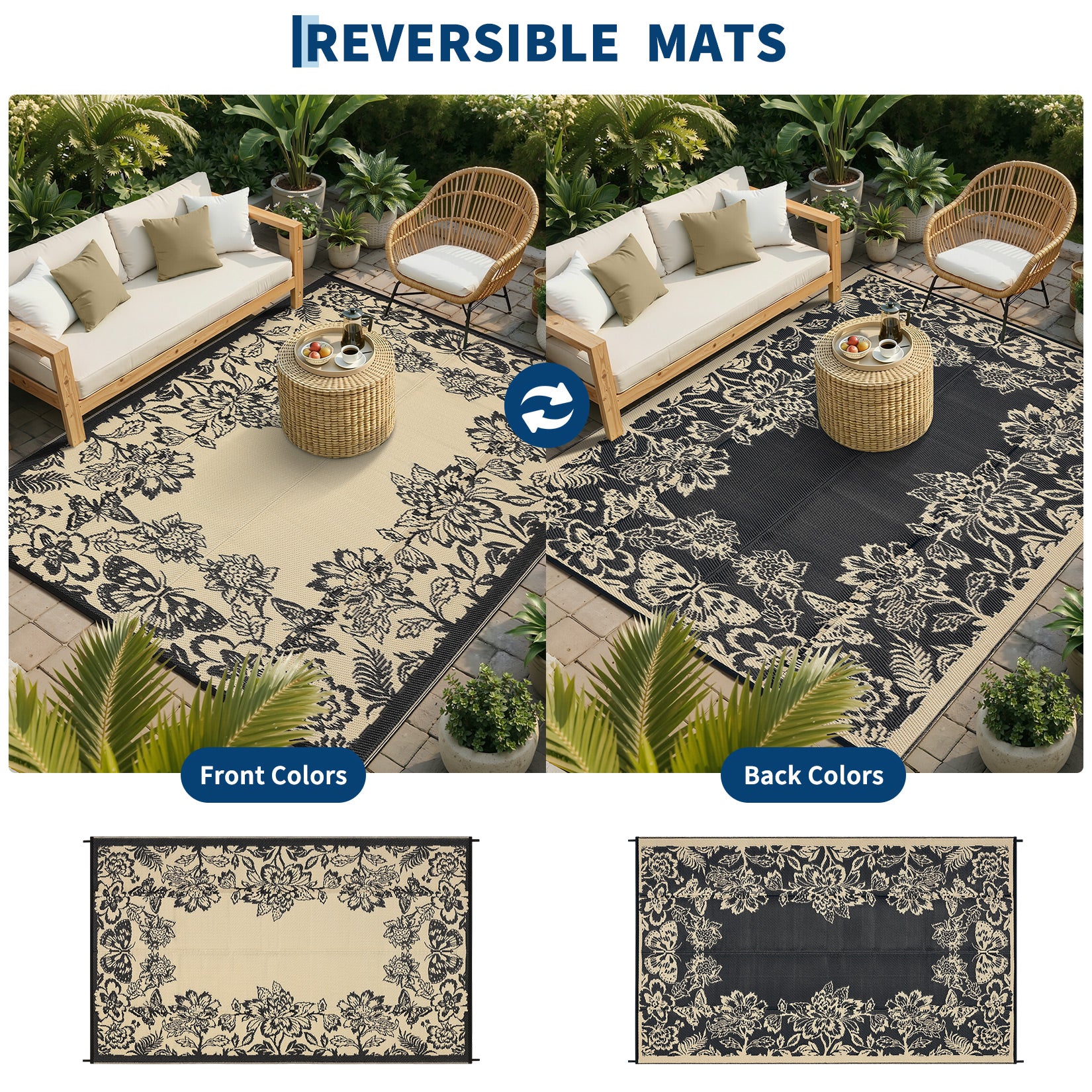 Garvee Waterproof Reversible Outdoor Rug 9x12ft - Large Plastic Straw Area Carpet for Patio, Deck, RV, Porch, Balcony, Camping, Backyard - Easy Clean, UV Resistant, Non-Slip - Black Coffee