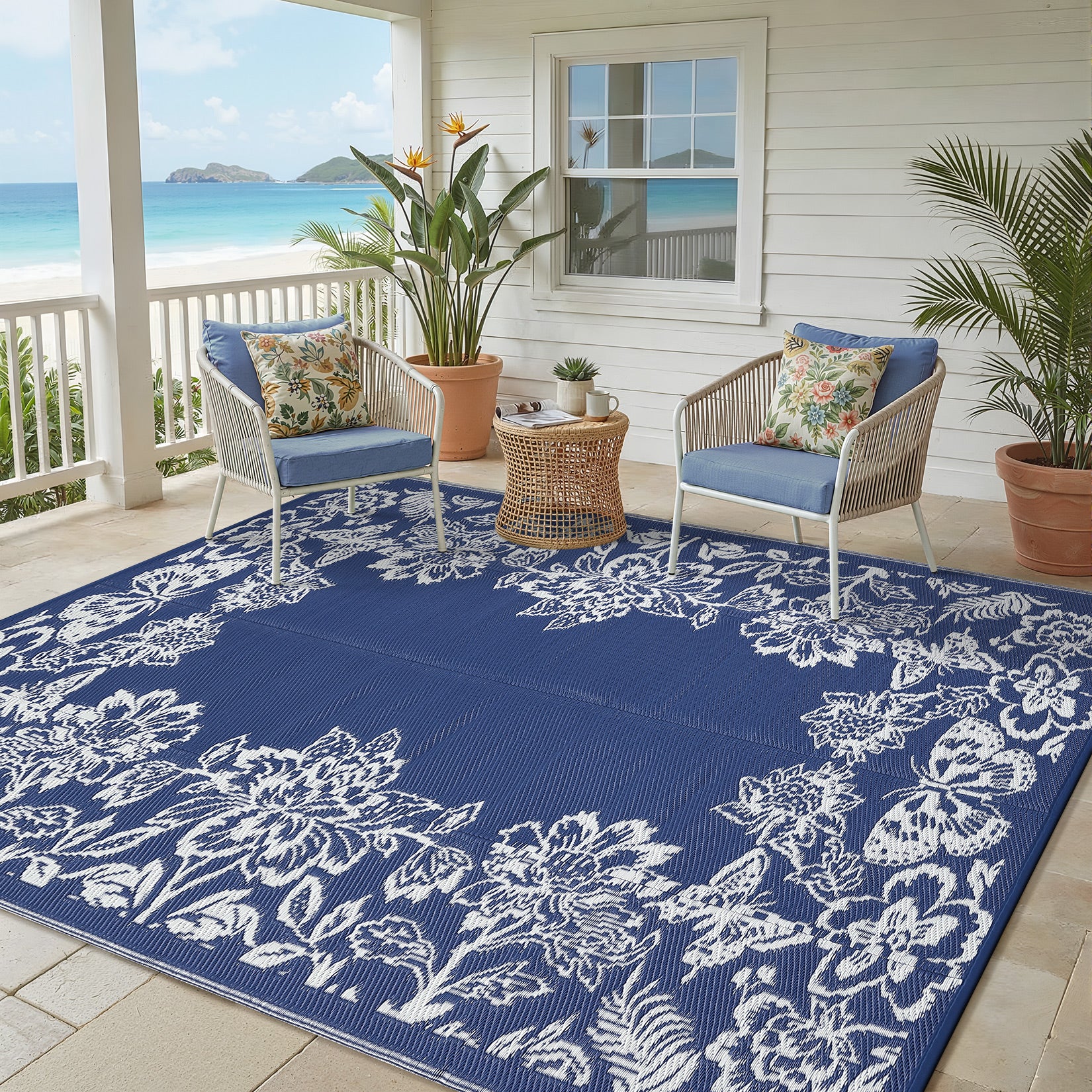 Garvee Waterproof Reversible Outdoor Rug 9x18ft - Large Plastic Straw Mat for Patio, Deck, Balcony, Camping, RV, Backyard - Easy Clean, UV Resistant, Floral Butterfly Design - Navy Blue/White