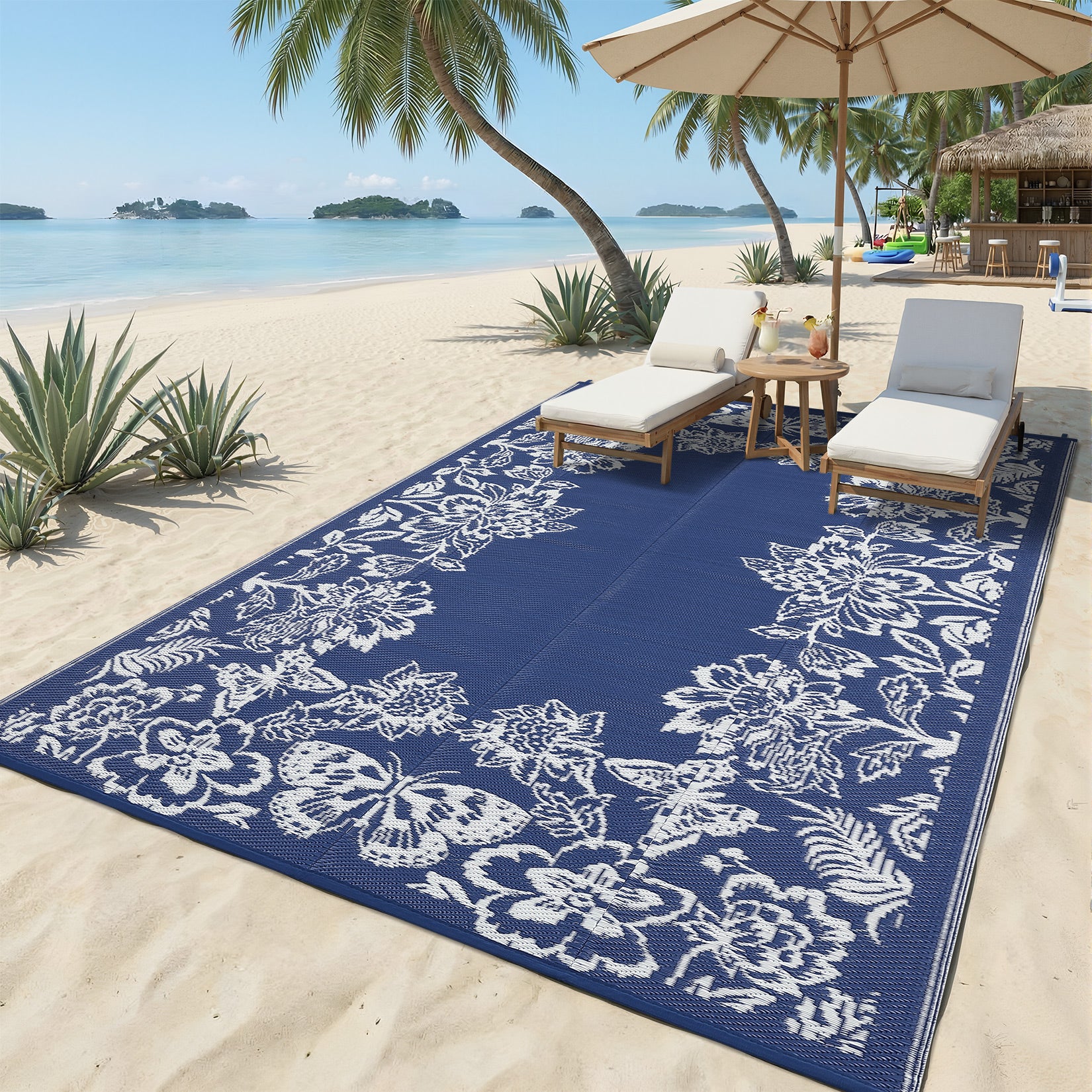 Garvee Waterproof Reversible Outdoor Rug 9x12ft - Large Plastic Straw Patio Carpet - Easy Clean, UV & Weather Resistant, Floral Design - Ideal for RV, Camping, Balcony, Deck, Backyard - Navy Blue/White