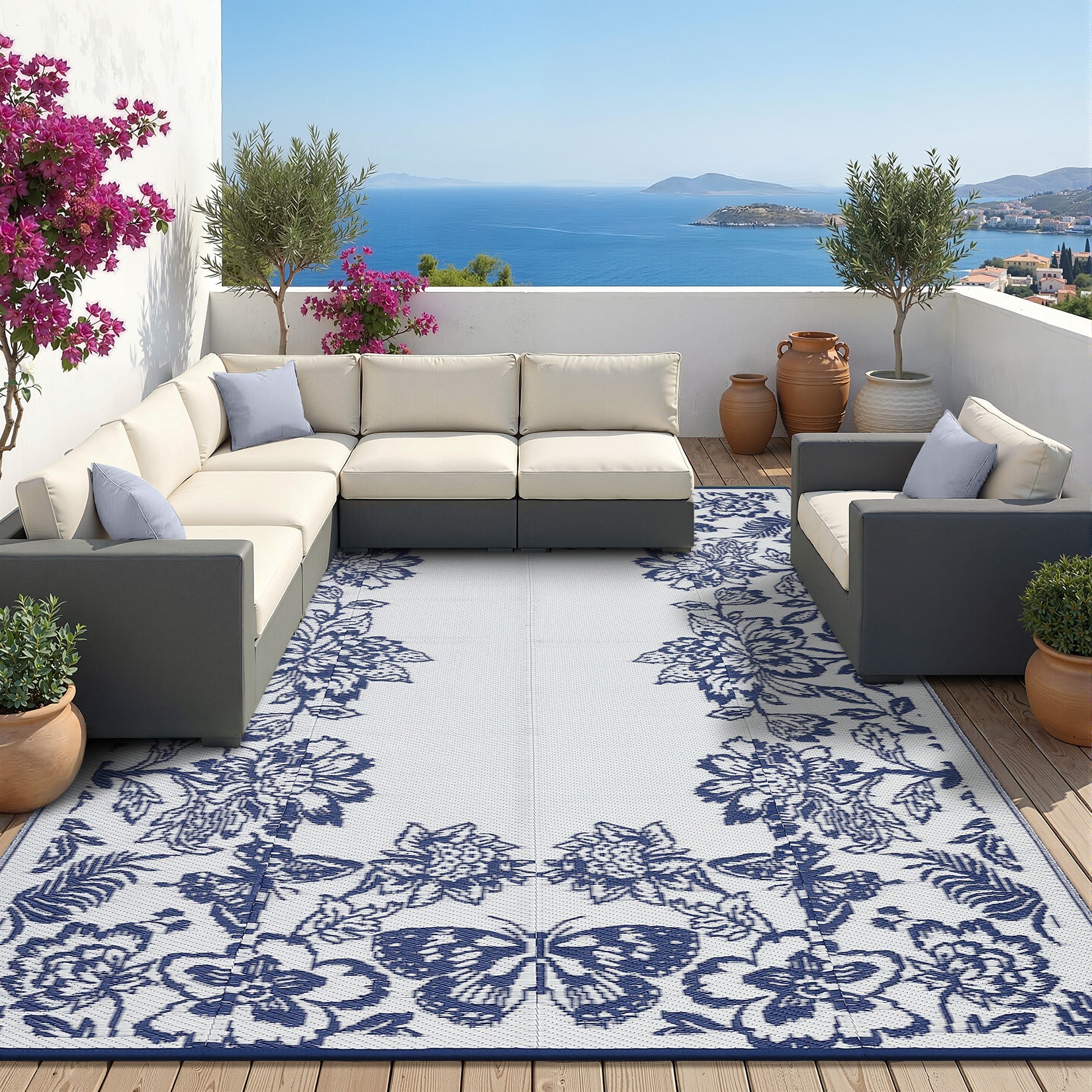 Garvee Waterproof Reversible Outdoor Rug 9x12ft - Large Plastic Straw Patio Carpet - Easy Clean, UV & Weather Resistant, Floral Design - Ideal for RV, Camping, Balcony, Deck, Backyard - Navy Blue/White