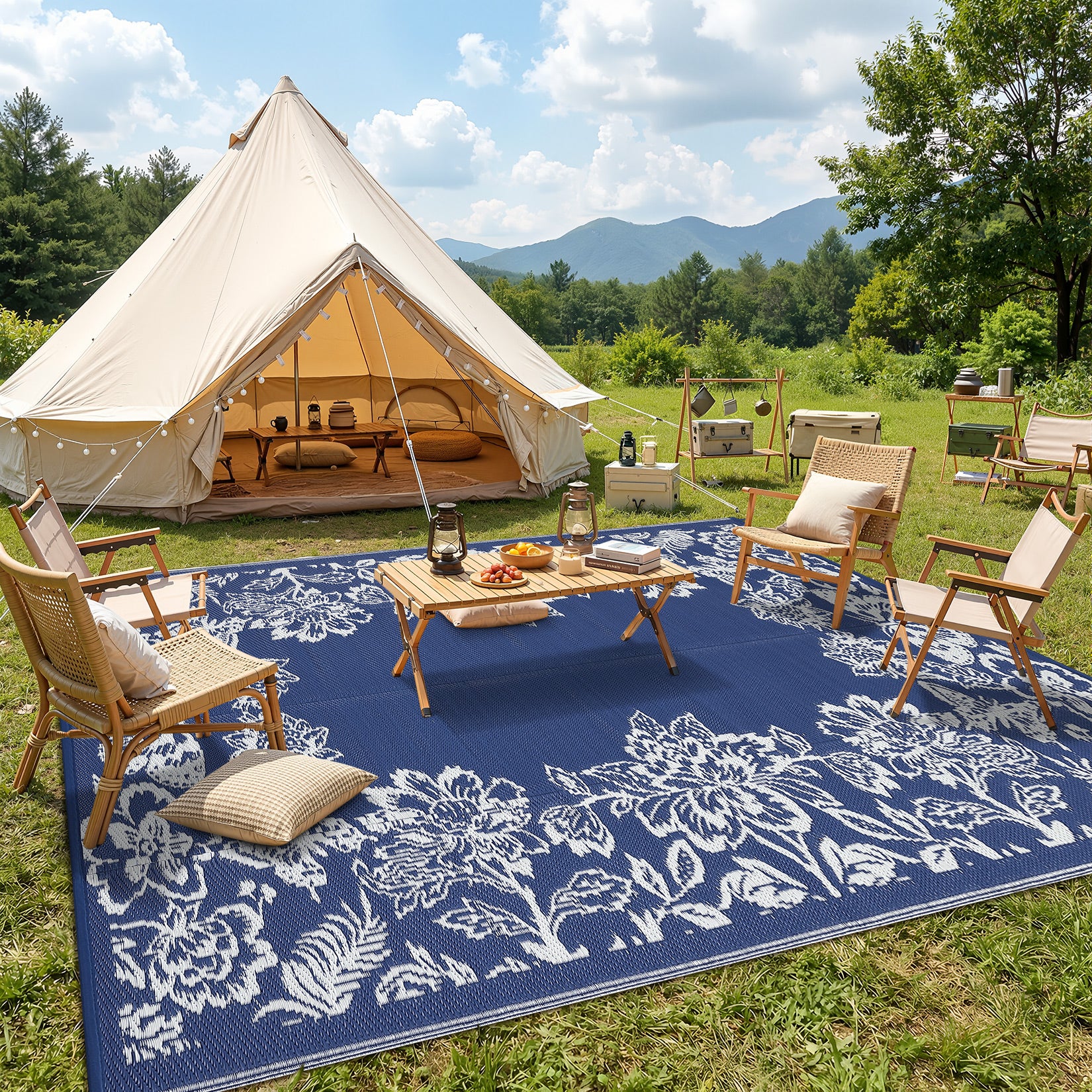Garvee Waterproof Reversible Outdoor Rug 9x12ft - Large Plastic Straw Patio Carpet - Easy Clean, UV & Weather Resistant, Floral Design - Ideal for RV, Camping, Balcony, Deck, Backyard - Navy Blue/White