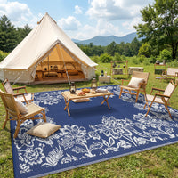 Garvee Waterproof Reversible Outdoor Rug 9x12ft - Large Plastic Straw Patio Carpet - Easy Clean, UV & Weather Resistant, Floral Design - Ideal for RV, Camping, Balcony, Deck, Backyard - Navy Blue/White