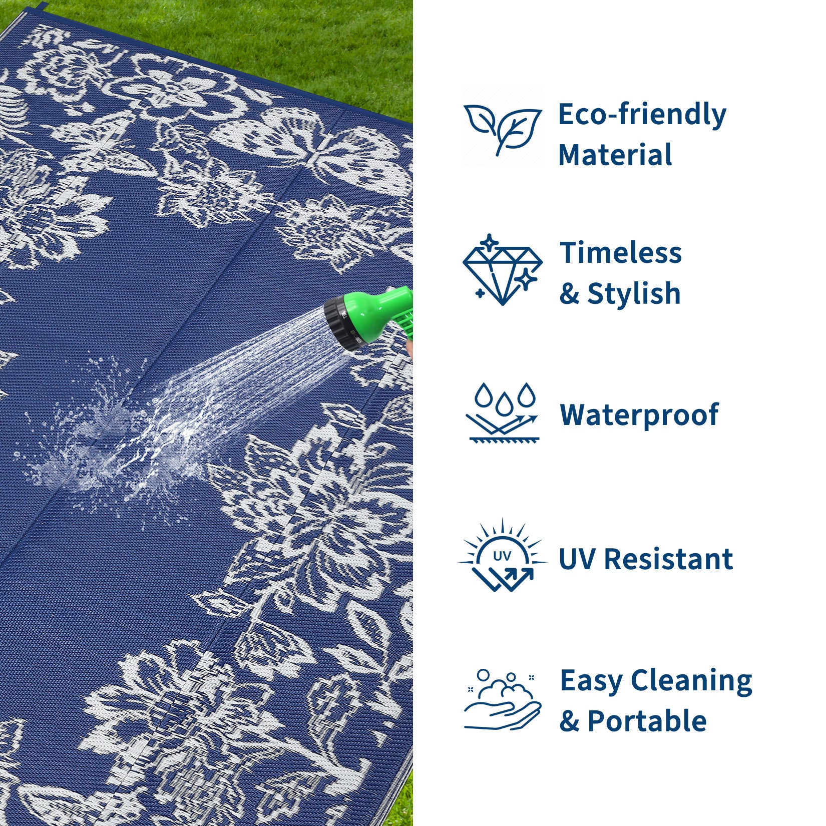 Garvee Waterproof Reversible Outdoor Rug 9x12ft - Large Plastic Straw Patio Carpet - Easy Clean, UV & Weather Resistant, Floral Design - Ideal for RV, Camping, Balcony, Deck, Backyard - Navy Blue/White