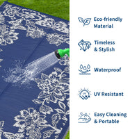 Garvee Waterproof Reversible Outdoor Rug 9x12ft - Large Plastic Straw Patio Carpet - Easy Clean, UV & Weather Resistant, Floral Design - Ideal for RV, Camping, Balcony, Deck, Backyard - Navy Blue/White
