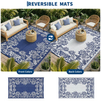 Garvee Waterproof Reversible Outdoor Rug 9x12ft - Large Plastic Straw Patio Carpet - Easy Clean, UV & Weather Resistant, Floral Design - Ideal for RV, Camping, Balcony, Deck, Backyard - Navy Blue/White