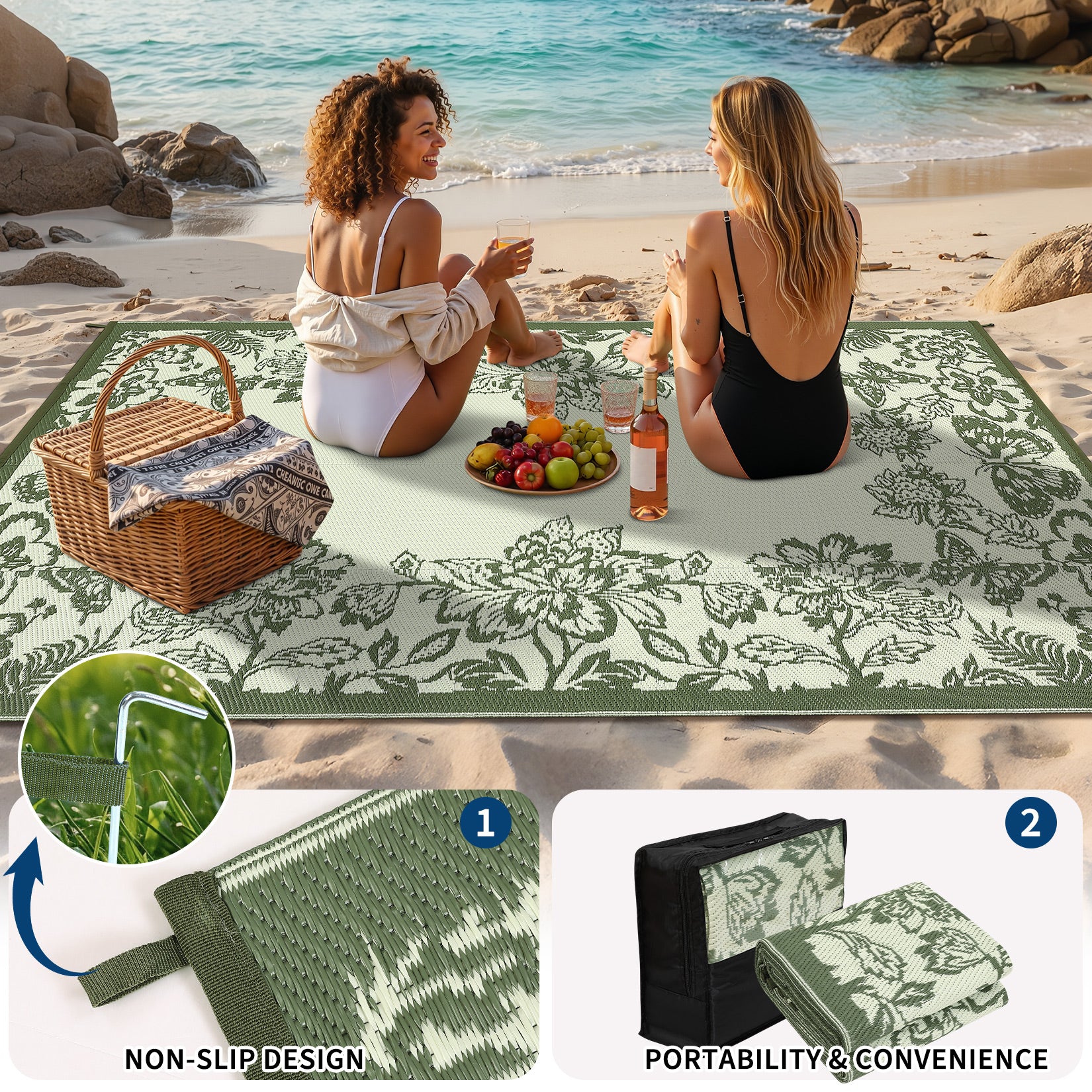 Garvee Waterproof Reversible Outdoor Rug 9x18ft - Large Plastic Straw Mat for Patio, Deck, Balcony, RV, Camping, Backyard - Easy Clean, Non-Slip, Weather Resistant - Sage Green/Light Green