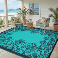 Garvee Waterproof Reversible Outdoor Rug 8x10ft - Large Plastic Straw Area Mat for Patio, Deck, RV, Camping, Balcony, Backyard - Easy Clean, Weather Resistant, Floral Butterfly Design - Teal/Black