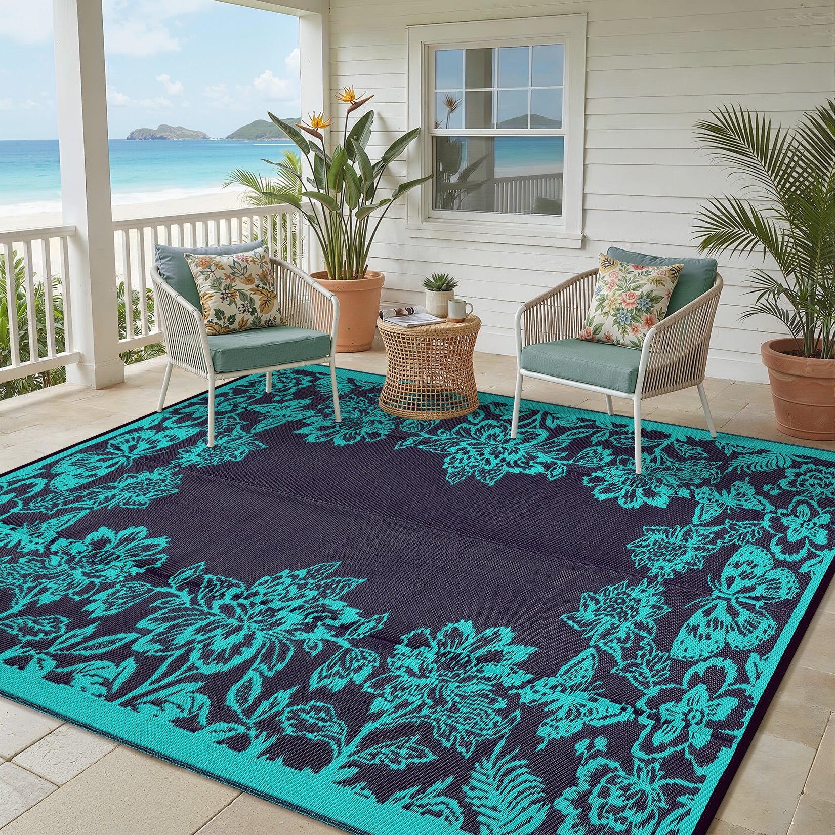 Garvee Waterproof Reversible Outdoor Rug 8x10ft - Large Plastic Straw Area Mat for Patio, Deck, RV, Camping, Balcony, Backyard - Easy Clean, Weather Resistant, Floral Butterfly Design - Teal/Black