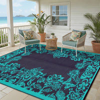 Garvee Waterproof Reversible Outdoor Rug 8x10ft - Large Plastic Straw Area Mat for Patio, Deck, RV, Camping, Balcony, Backyard - Easy Clean, Weather Resistant, Floral Butterfly Design - Teal/Black