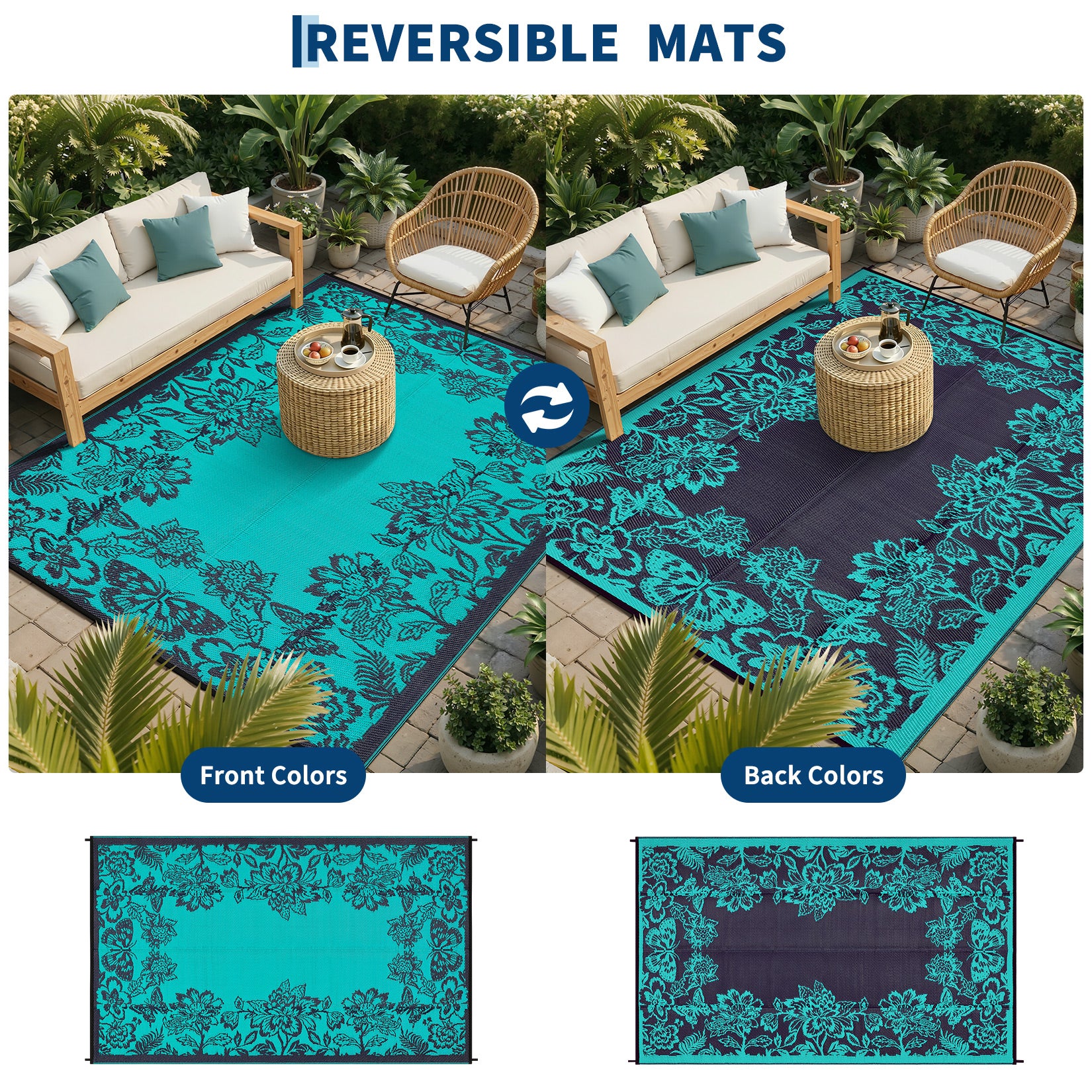 Garvee Waterproof Reversible Outdoor Rug 8x10ft - Large Plastic Straw Area Mat for Patio, Deck, RV, Camping, Balcony, Backyard - Easy Clean, Weather Resistant, Floral Butterfly Design - Teal/Black