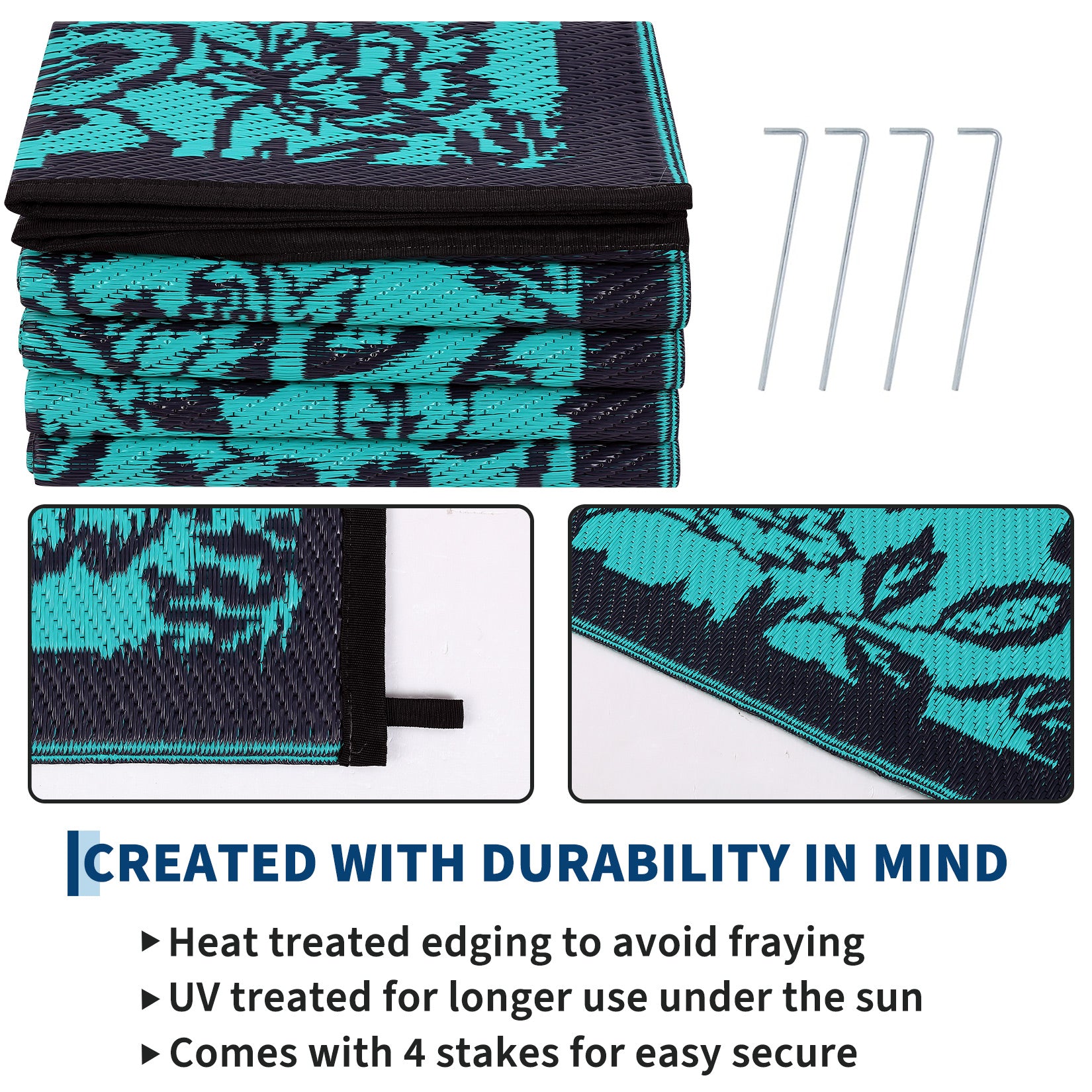 Garvee Waterproof Reversible Outdoor Rug 8x10ft - Large Plastic Straw Area Mat for Patio, Deck, RV, Camping, Balcony, Backyard - Easy Clean, Weather Resistant, Floral Butterfly Design - Teal/Black