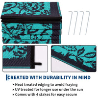 Garvee Waterproof Reversible Outdoor Rug 8x10ft - Large Plastic Straw Area Mat for Patio, Deck, RV, Camping, Balcony, Backyard - Easy Clean, Weather Resistant, Floral Butterfly Design - Teal/Black