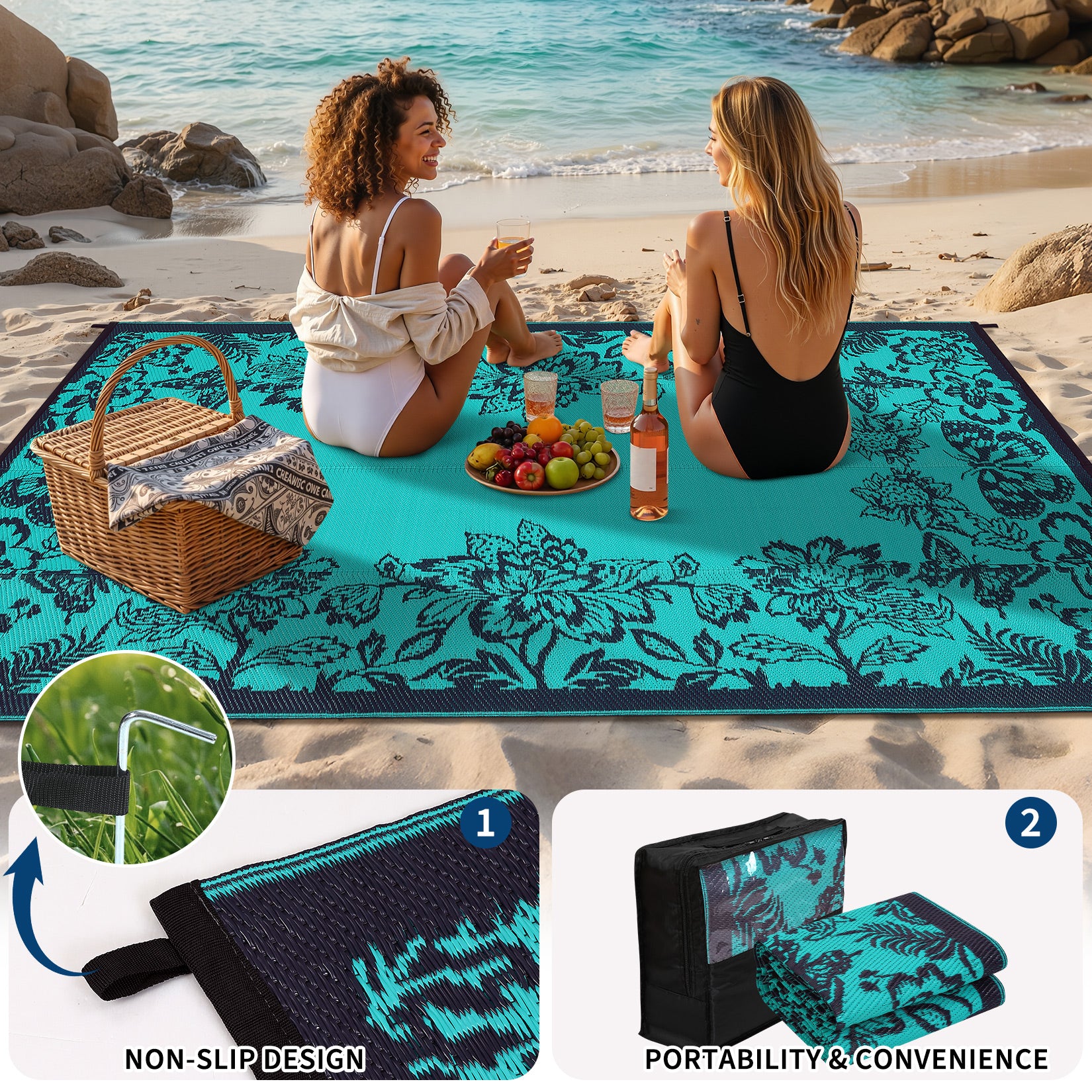 Garvee Waterproof Reversible Outdoor Rug 9x12ft - Large Plastic Straw Mat for Patio, Deck, Backyard, RV, Camping, Balcony, Porch - Easy Clean, Weather Resistant - Teal/Black Blue
