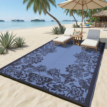 Garvee Waterproof Reversible Outdoor Rug 8x10ft - Large Plastic Straw Area Mat for Patio, Deck, Balcony, RV, Camping - Easy Clean, Weather Resistant - Black Blue/Light Blue