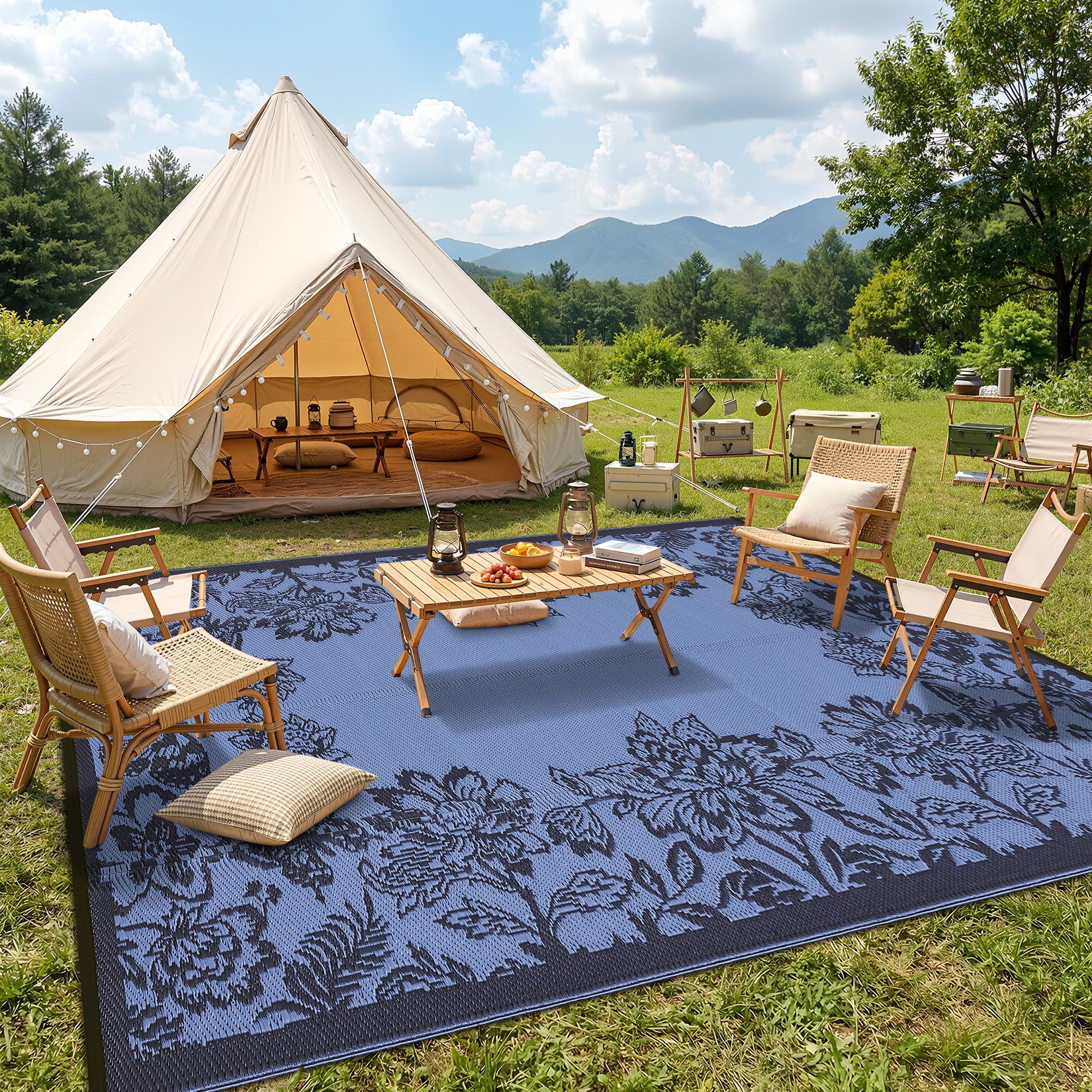Garvee Waterproof Reversible Outdoor Rug 9x12ft - Large Plastic Straw Patio Carpet - Easy Clean, UV Protection, Weather-Resistant - Perfect for Deck, RV, Camping, Picnic, Balcony, Backyard - Black Blue/Light Blue