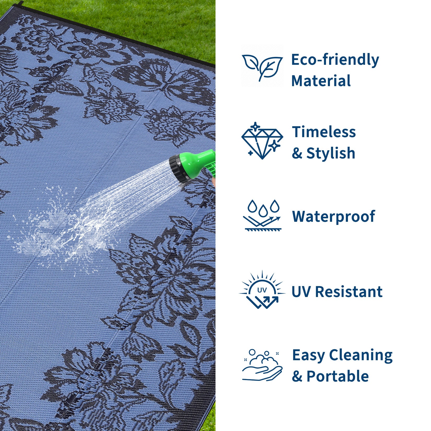Garvee Waterproof Reversible Outdoor Rug 9x12ft - Large Plastic Straw Patio Carpet - Easy Clean, UV Protection, Weather-Resistant - Perfect for Deck, RV, Camping, Picnic, Balcony, Backyard - Black Blue/Light Blue