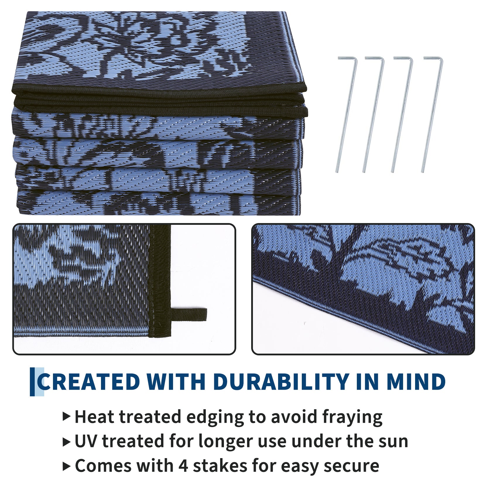 Garvee Waterproof Reversible Outdoor Rug 9x12ft - Large Plastic Straw Patio Carpet - Easy Clean, UV Protection, Weather-Resistant - Perfect for Deck, RV, Camping, Picnic, Balcony, Backyard - Black Blue/Light Blue