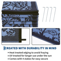 Garvee Waterproof Reversible Outdoor Rug 9x12ft - Large Plastic Straw Patio Carpet - Easy Clean, UV Protection, Weather-Resistant - Perfect for Deck, RV, Camping, Picnic, Balcony, Backyard - Black Blue/Light Blue