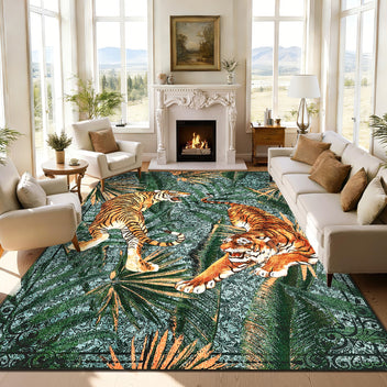 Garvee 9' x 12' Large Tiger Jungle Area Rug, Washable Non-Slip Low-Pile Animal Print Rug for Living Room & Bedroom, Green